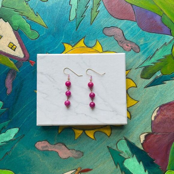 Fuschia Pink Round Marble Stone Bead Dangle Drop Earrings - Picture 4 of 5